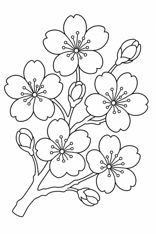 A branch of cherry blossom with several open flowers — free printable flower coloring page