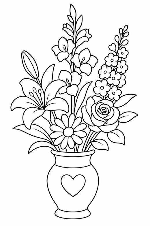 A vase holding an arrangement of tall flowers — free printable flower coloring page