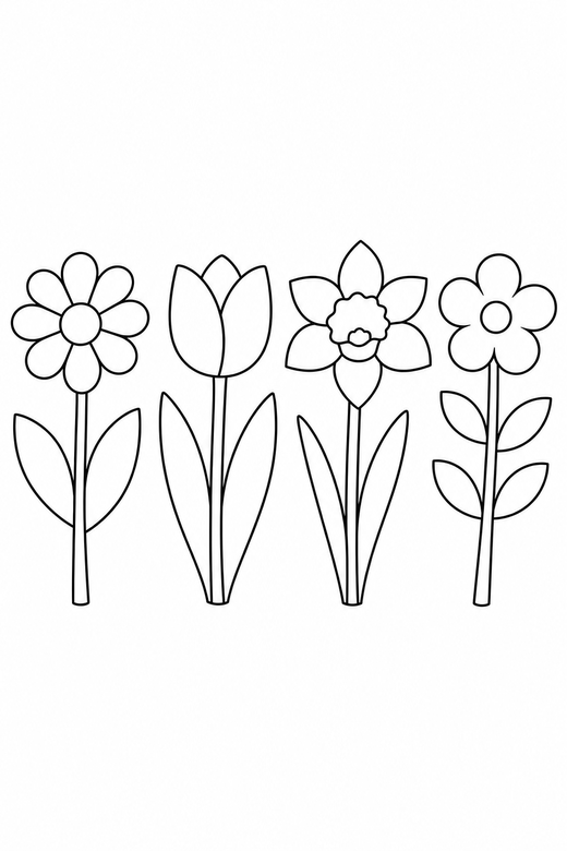 A field of four simple flowers of different types side by side — free printable flower coloring page