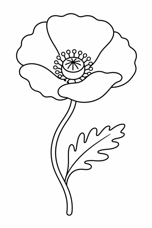 A single poppy flower with a slender bending stem — free printable flower coloring page