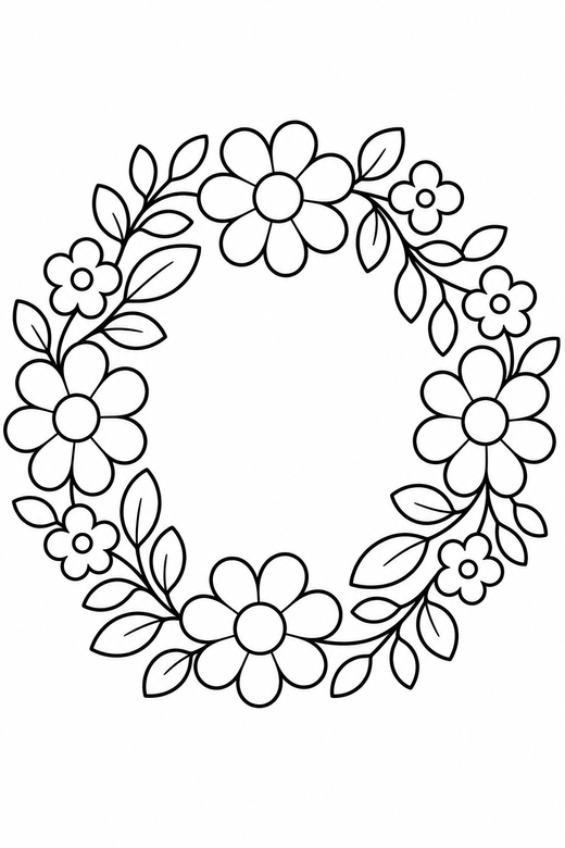 A wreath ring made of simple flowers and leaves — free printable flower coloring page