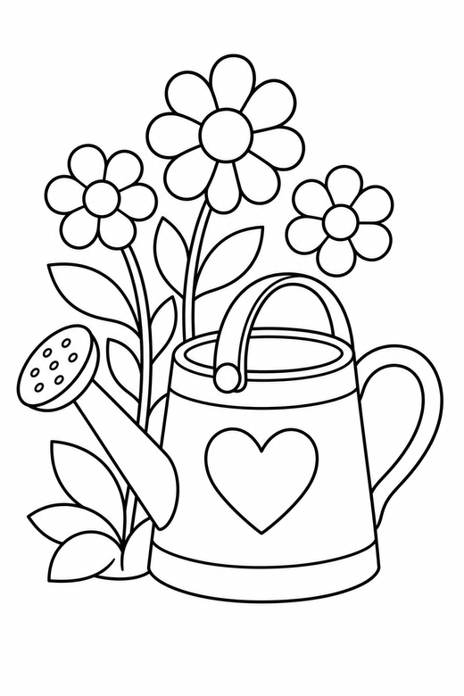 A watering can with flowers growing beside it — free printable flower coloring page