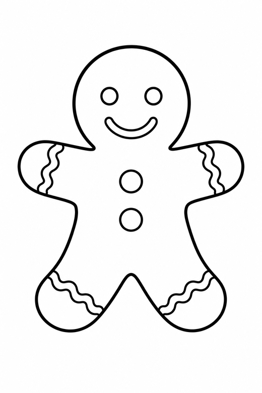 Gingerbread man: A gingerbread man with icing trim, two button dots and a smile, free printable coloring page