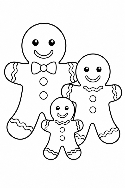 Gingerbread family: Three gingerbread figures of different sizes standing together, free printable coloring page