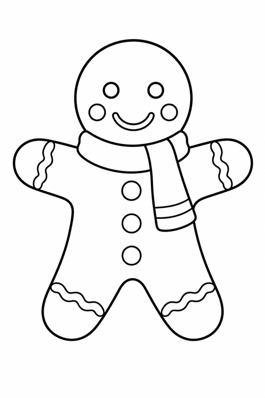 Gingerbread man with a scarf: A gingerbread man wearing a scarf, arms out, free printable coloring page