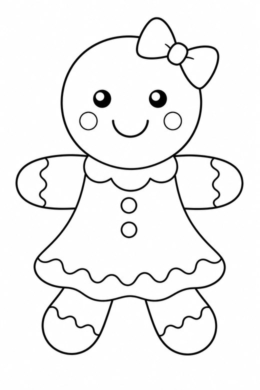 Gingerbread woman: A gingerbread figure with a skirt and a bow in her hair, free printable coloring page