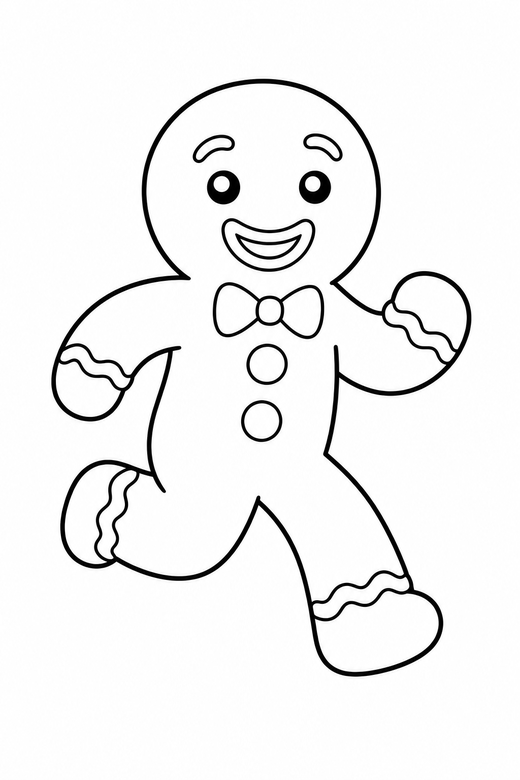 Gingerbread man running: A gingerbread man mid-run with one leg raised, free printable coloring page