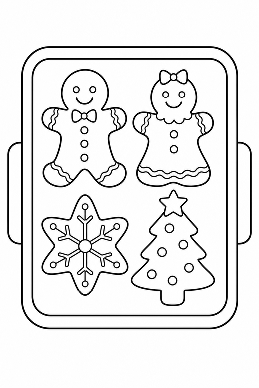 Tray of gingerbread: A baking tray holding four gingerbread shapes, free printable coloring page
