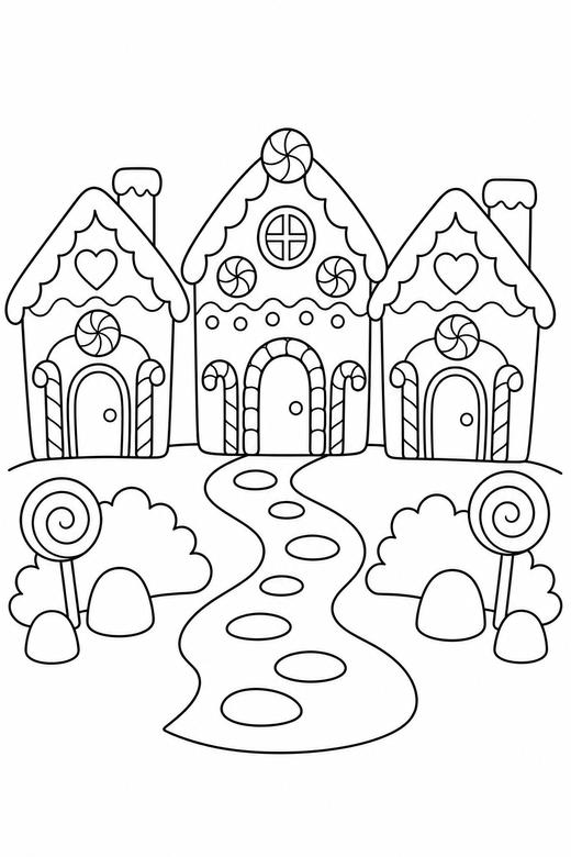 Gingerbread village: Three small gingerbread houses in a row with a path, free printable coloring page