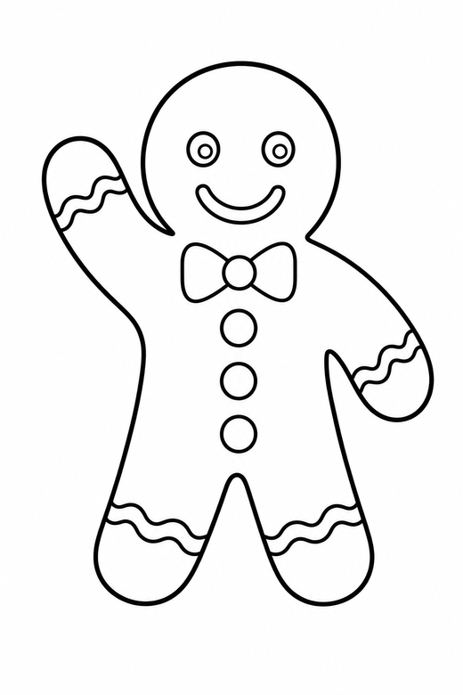 Gingerbread man waving: A gingerbread man waving with one arm up, free printable coloring page