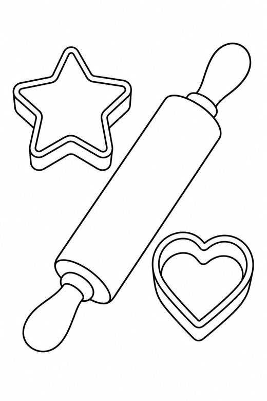 Rolling pin and cutters: A rolling pin beside two cookie cutter shapes, free printable coloring page
