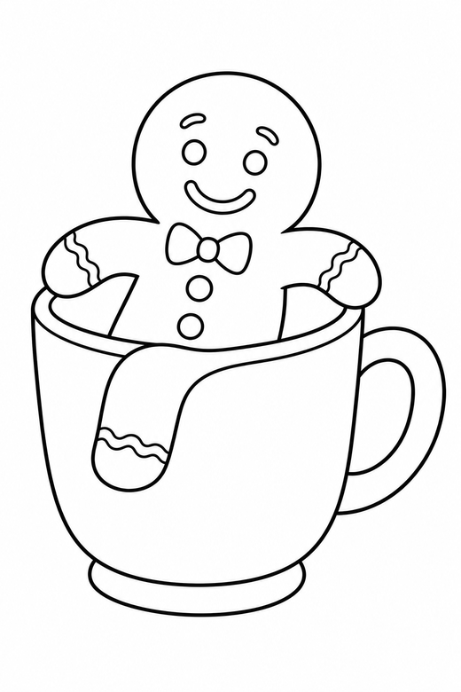 Gingerbread man in a mug: A gingerbread man resting against the rim of a mug, free printable coloring page