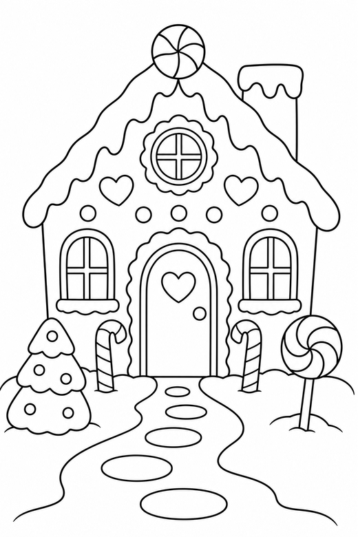 Gingerbread house with snow: A gingerbread house with icing snow along the roof and path, free printable coloring page