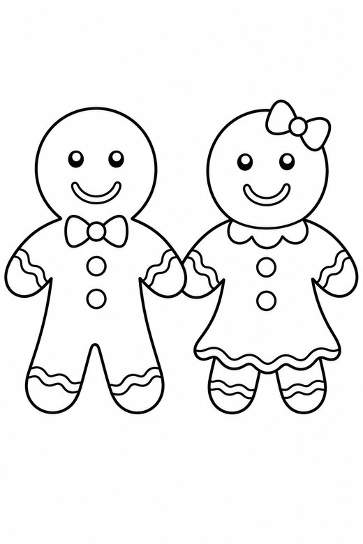 Two gingerbread men holding hands: Two gingerbread figures holding hands side by side, free printable coloring page