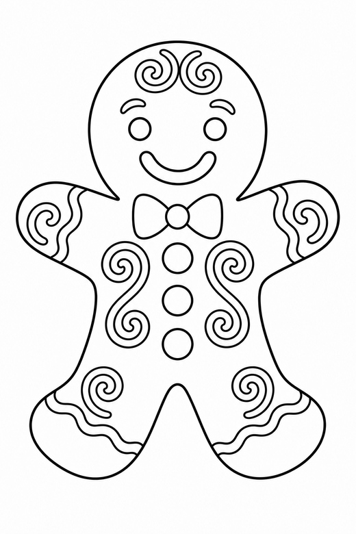 Gingerbread man with icing swirls: A gingerbread man decorated with swirling icing patterns, free printable coloring page