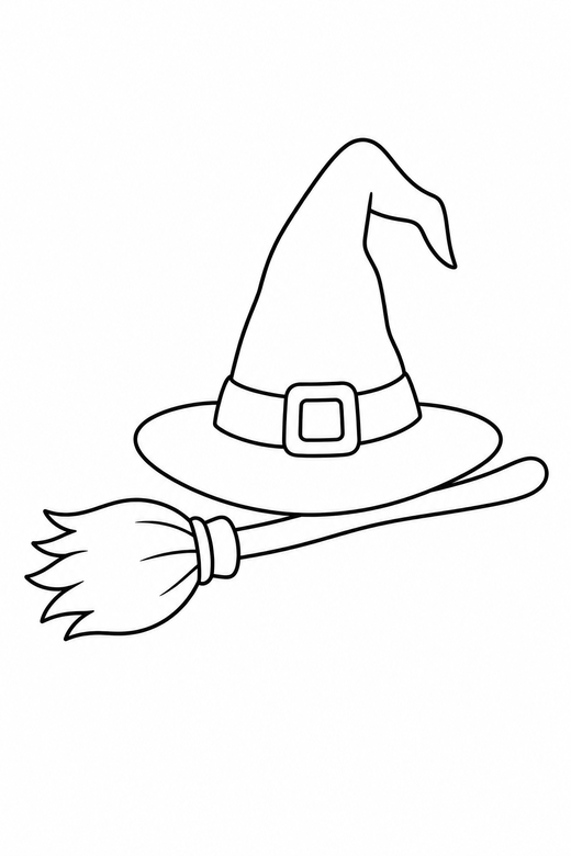 A witch hat resting on a broomstick — free printable halloween coloring page