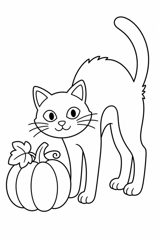 A black cat arching its back beside a pumpkin — free printable halloween coloring page