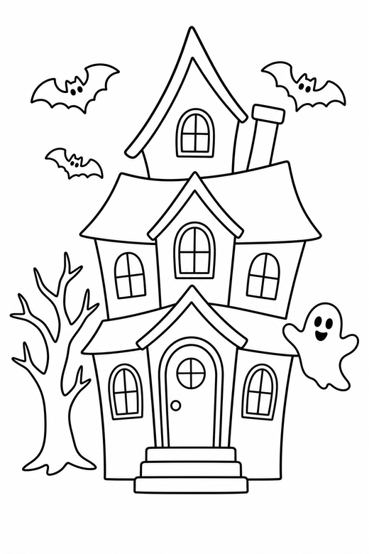 A haunted house with simple windows and a crooked roof — free printable halloween coloring page