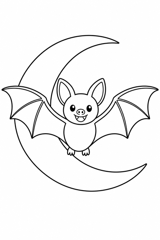A bat flying with wings spread against a crescent moon — free printable halloween coloring page
