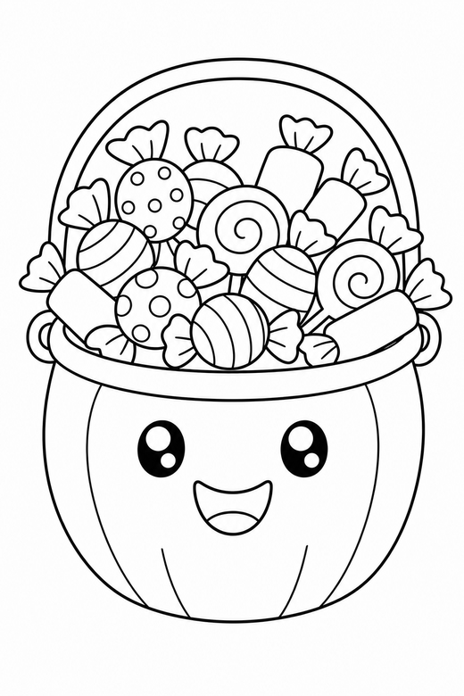 A candy bucket overflowing with wrapped sweets — free printable halloween coloring page