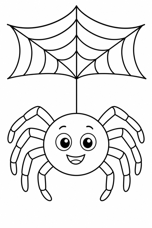 A friendly cartoon spider hanging from a simple web — free printable halloween coloring page