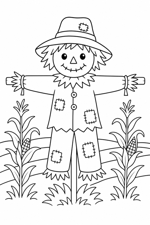 A scarecrow standing in a field with a hat and patched clothes — free printable halloween coloring page