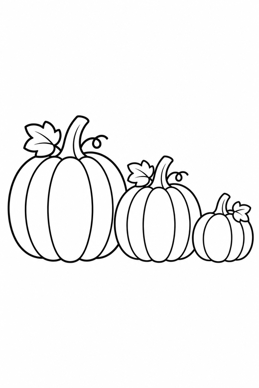 Three pumpkins of different sizes in a row — free printable halloween coloring page