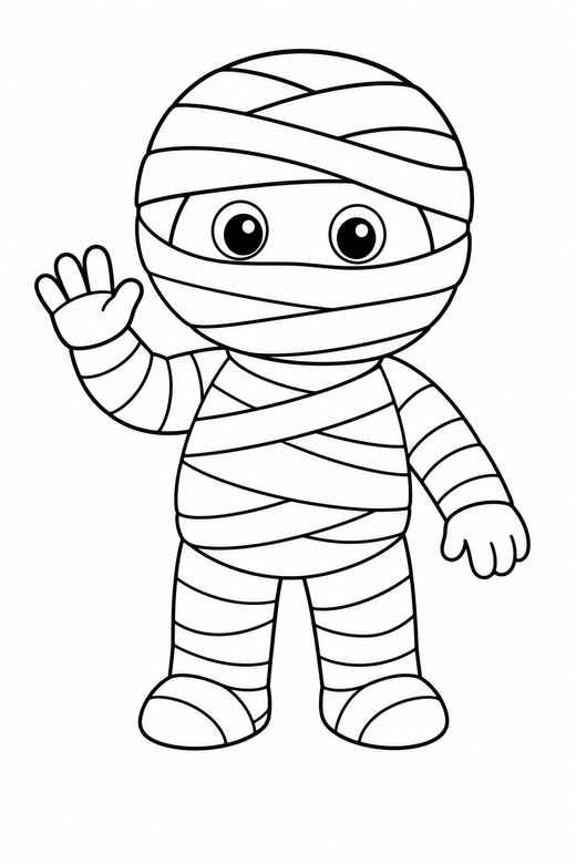 A cute mummy wrapped in bandages, waving — free printable halloween coloring page
