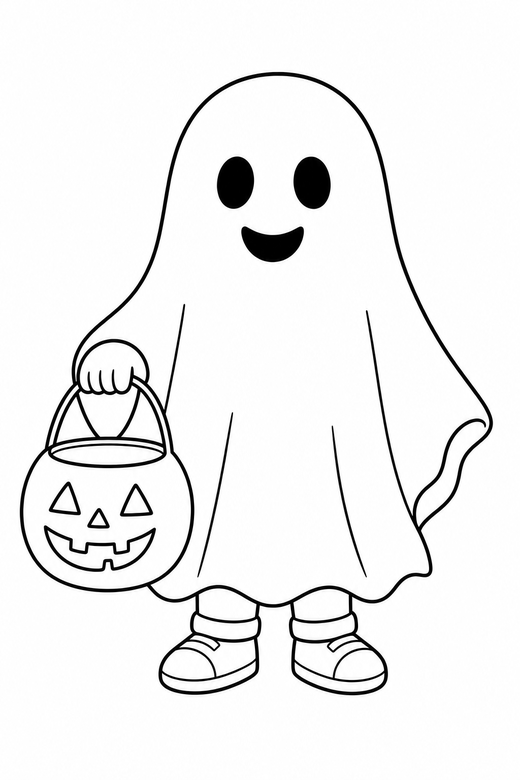 A child in a simple ghost sheet costume holding a bucket — free printable halloween coloring page
