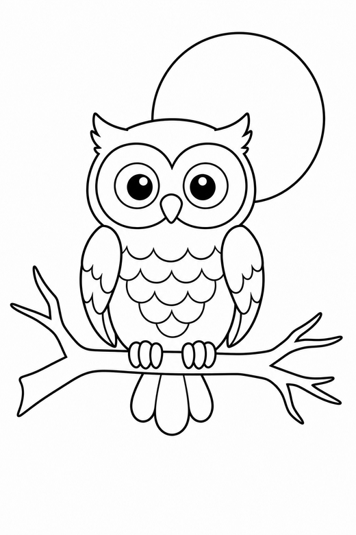 An owl sitting on a bare branch under a full moon — free printable halloween coloring page
