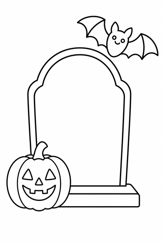 A gravestone with a small pumpkin and a bat nearby — free printable halloween coloring page