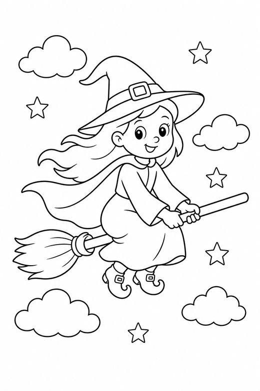 A witch flying on a broomstick across the sky — free printable halloween coloring page