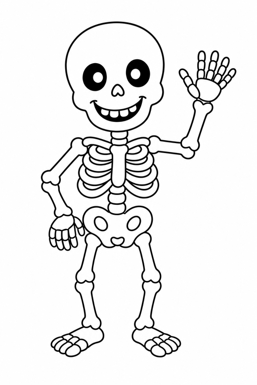 A skeleton waving with a friendly smile — free printable halloween coloring page