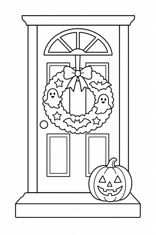 A door with a Halloween wreath and a pumpkin on the step — free printable halloween coloring page