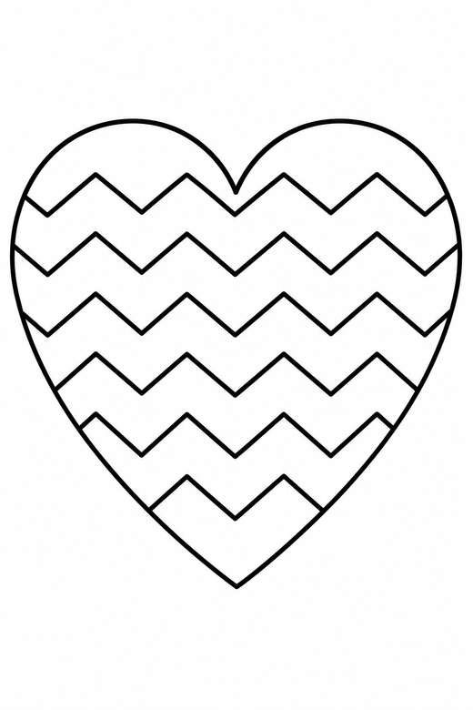 Heart with a zigzag pattern: A heart divided into bands of zigzag patterning, free printable coloring page