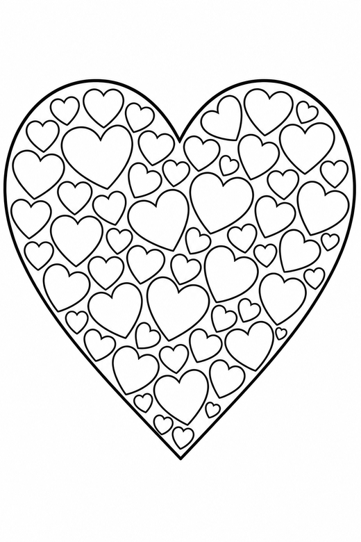Heart made of small hearts: A large heart outline filled with many small hearts, free printable coloring page