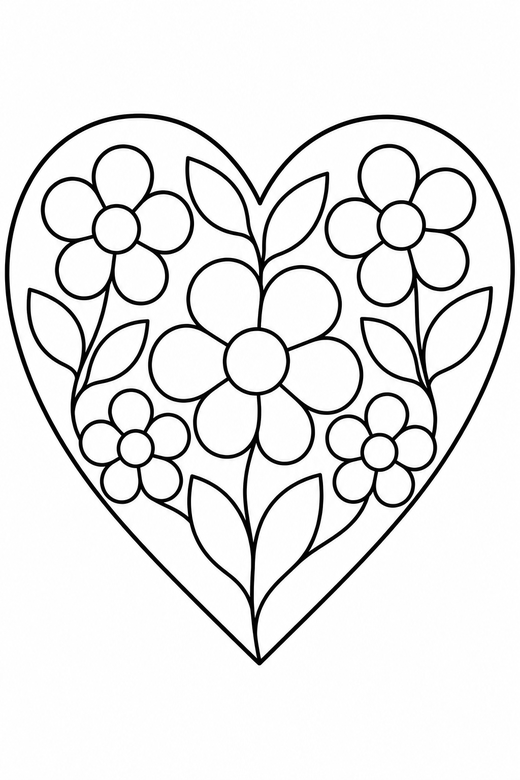Heart with flowers inside: A heart outline containing simple flower shapes, free printable coloring page