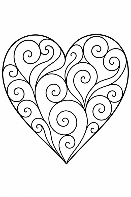 Heart with a swirl pattern: A heart filled with curling swirl lines, free printable coloring page