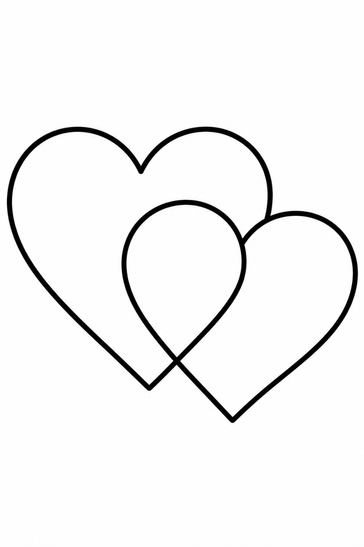 Two overlapping hearts: Two hearts crossing over each other, free printable coloring page