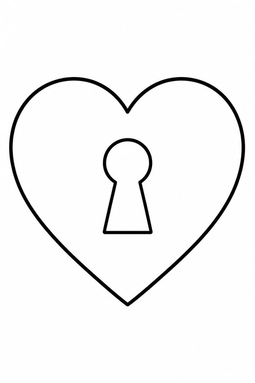 Heart with a keyhole: A heart with a small keyhole shape cut into the centre, free printable coloring page