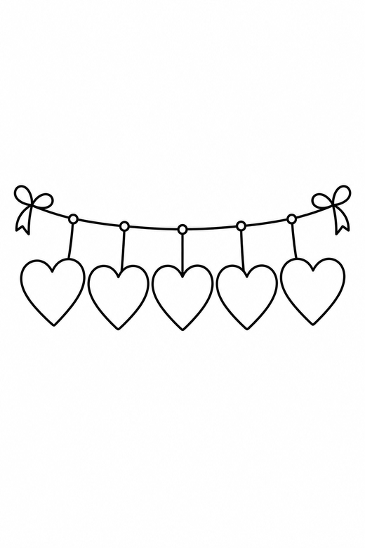 Heart garland: A string of five hearts hanging from a line, free printable coloring page