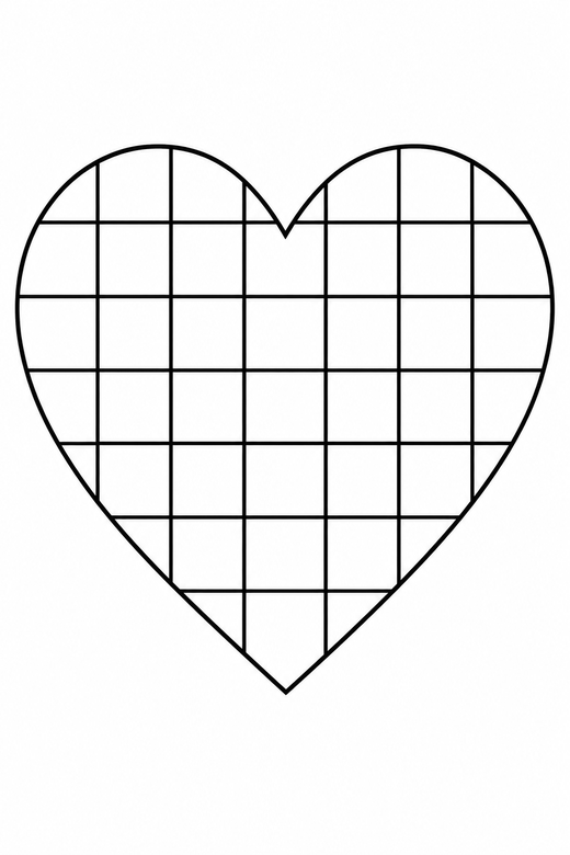 Heart with a checkered pattern: A heart divided into a checkerboard of squares, free printable coloring page