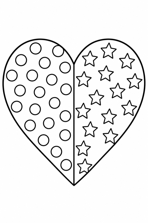 Heart split down the middle: A heart divided vertically into two patterned halves, free printable coloring page