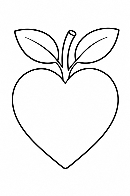 Heart with leaves: A heart with a stem and two leaves like a fruit, free printable coloring page