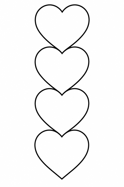 Stacked heart tower: Four hearts balanced one above another, free printable coloring page
