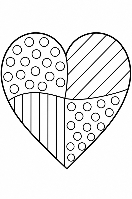 Heart with dots and stripes: A heart divided into sections of dots and stripes, free printable coloring page