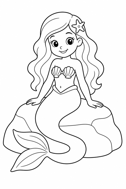 Mermaid sitting on a rock: A mermaid sitting on a rock with her tail curved beside her, free printable coloring page