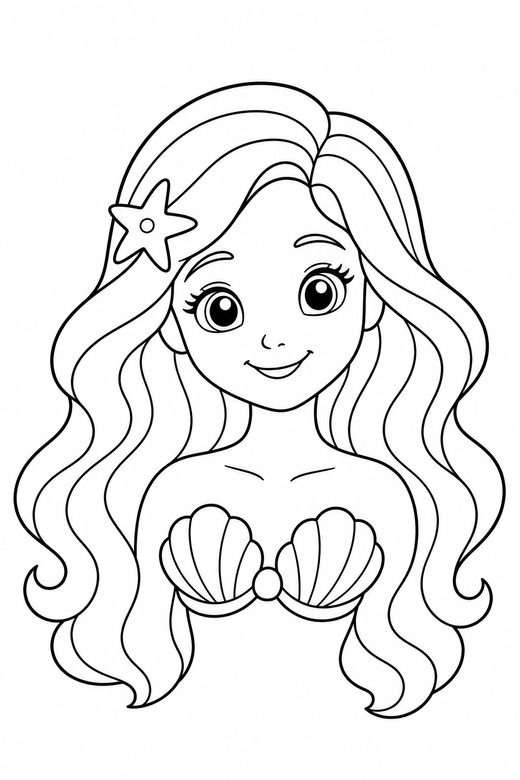 Mermaid portrait: A mermaid from the shoulders up with long flowing hair, free printable coloring page