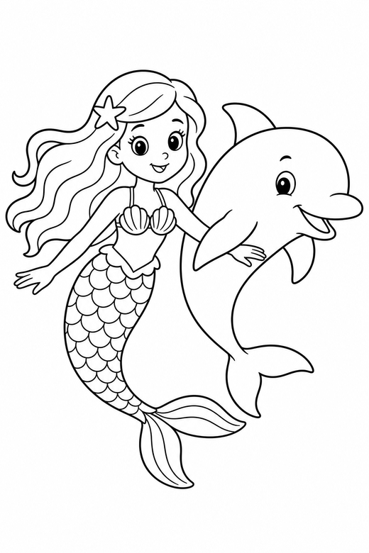 Mermaid and a dolphin: A mermaid swimming alongside a dolphin, free printable coloring page