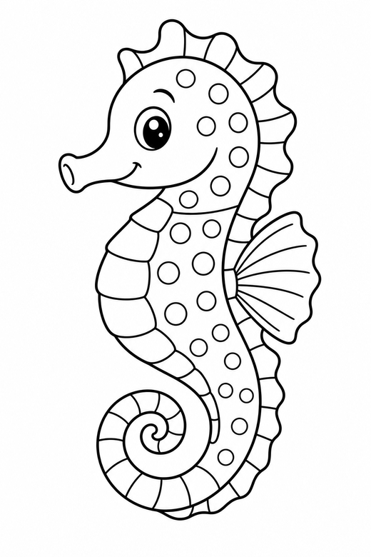 Seahorse: A seahorse with a curled tail and patterned body, free printable coloring page